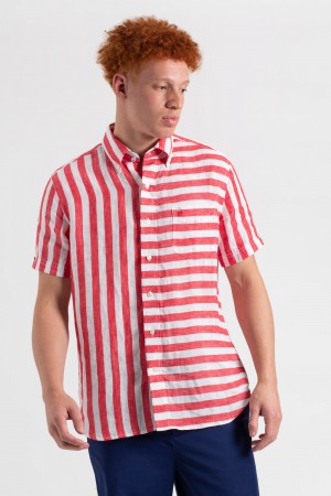 Chemises Ben Sherman B by Ben Sherman Candy Stripe Linen Short Sleeve Rose Rouge | 60237-UWGJ