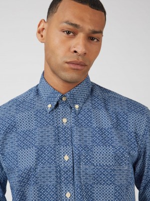 Chemises Ben Sherman Chambray Patchwork Geo Print Long-Sleeve Bleu | 12860-ZRHU