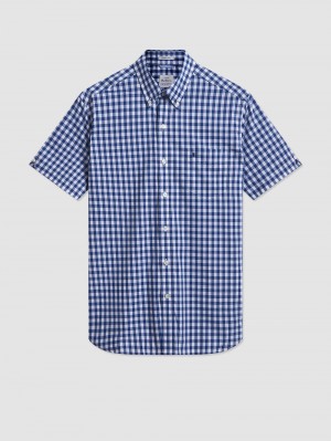 Chemises Ben Sherman Short Sleeve House Poplin Gingham Bleu Marine Vert Olive | 30814-PALF