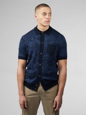 Knitwear Ben Sherman B by Ben Sherman Swirl Jacquard Button Through Polo Bleu Marine | 80216-QJFL