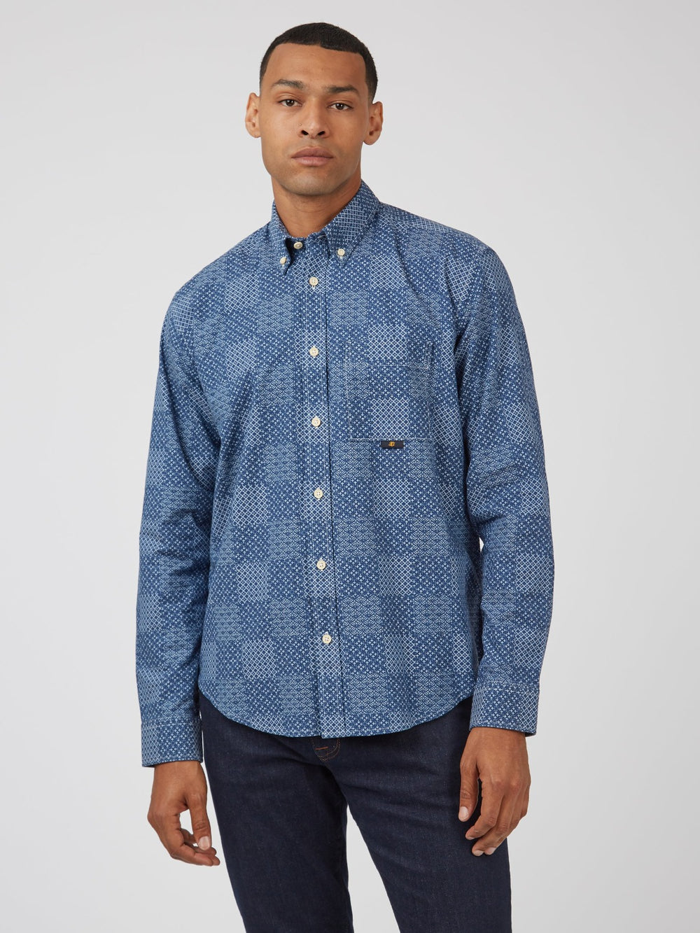 Chemises Ben Sherman Chambray Patchwork Geo Print Long-Sleeve Bleu | 12860-ZRHU