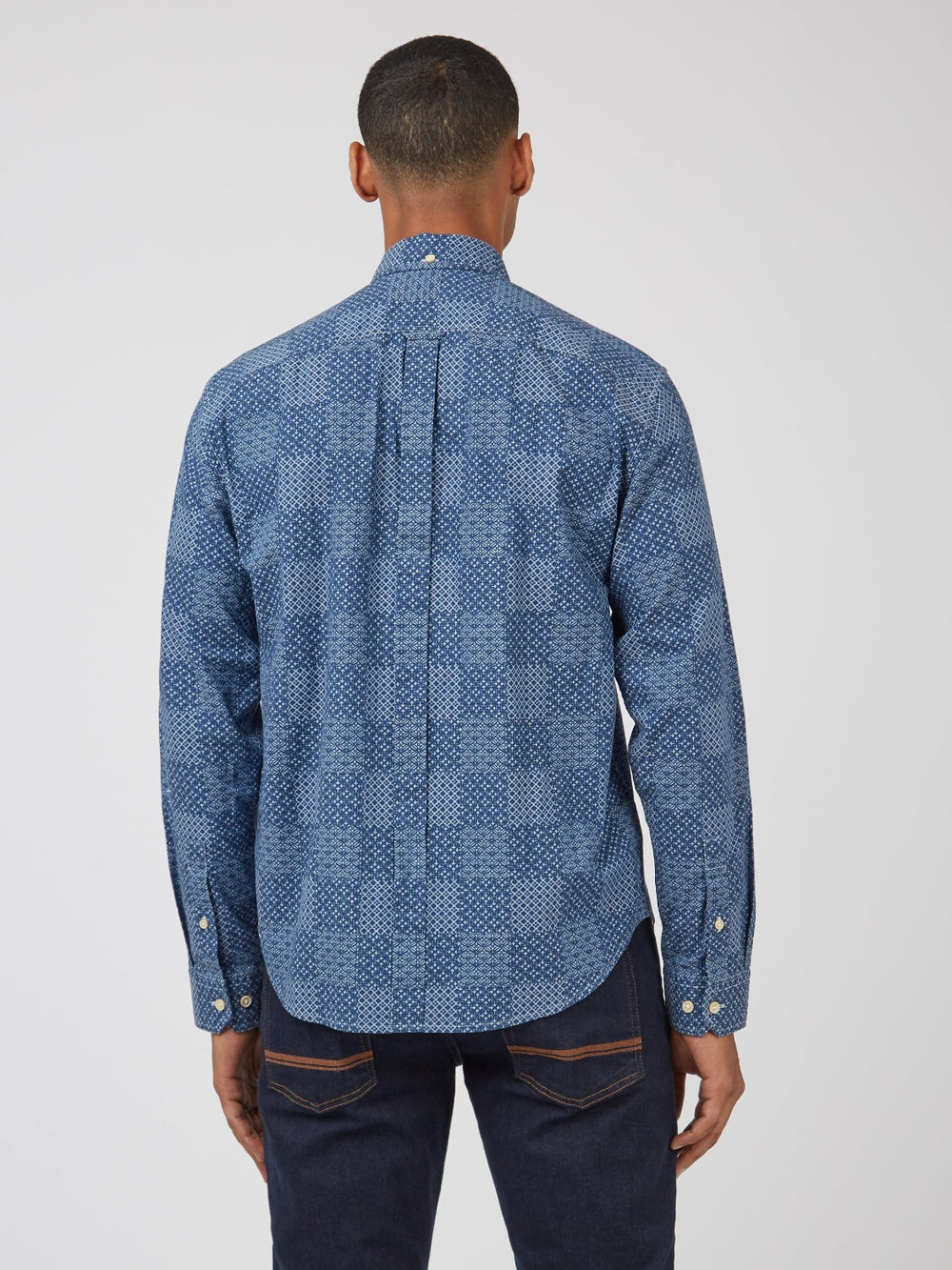 Chemises Ben Sherman Chambray Patchwork Geo Print Long-Sleeve Bleu | 12860-ZRHU