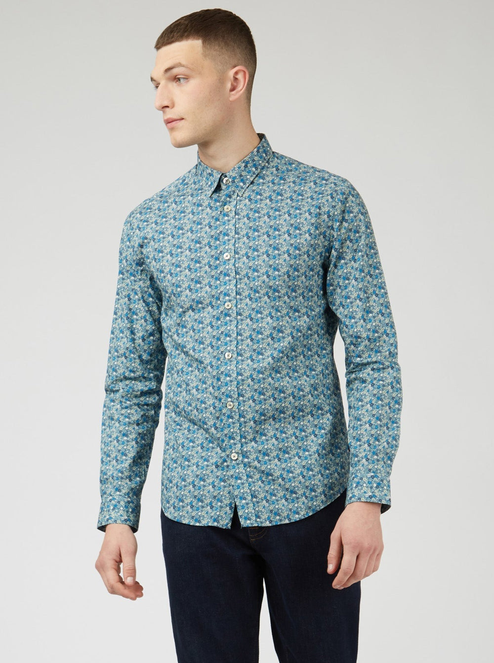 Chemises Ben Sherman Floral Print Long-Sleeve Bleu Grise | 39462-NDYJ